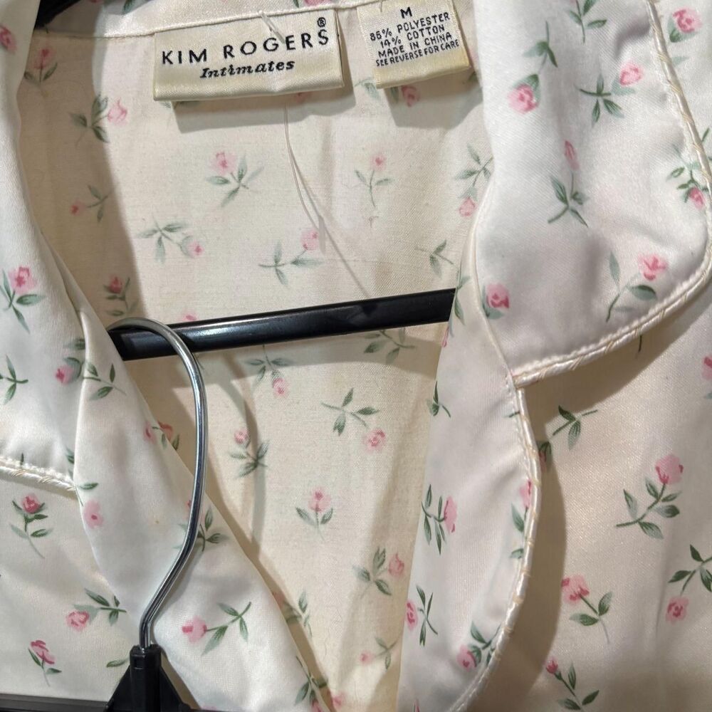 Kim Rogers Intimates Floral Satin Pajama Set M Cream Pink Rose Button Up Vintage - Picture 3 of 6